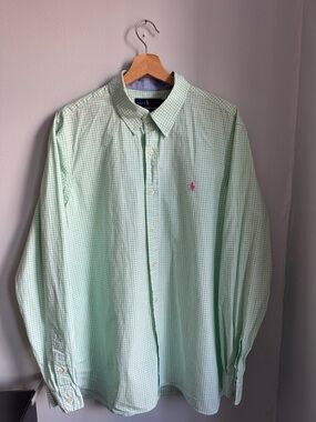 Ralph Lauren Mint Green Gingham Button-Down Shirt with Pink Pony